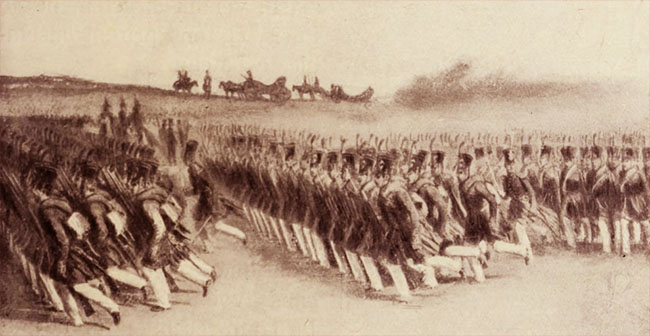 Infanteria română, defilând în pas alergător