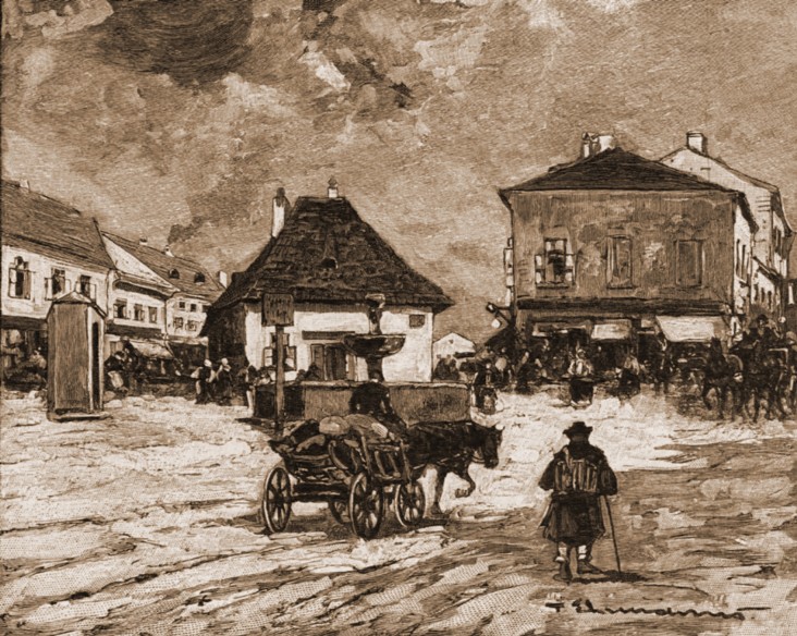 Cernăuţi, Piaţa Fântânii Albe – desen de Mattias Adolf Charlemont (1820-1871)