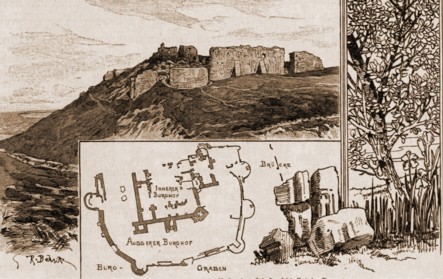 Suceava, ruinele Cetăţii – desen de Rudolf Bernt (1844-1914)